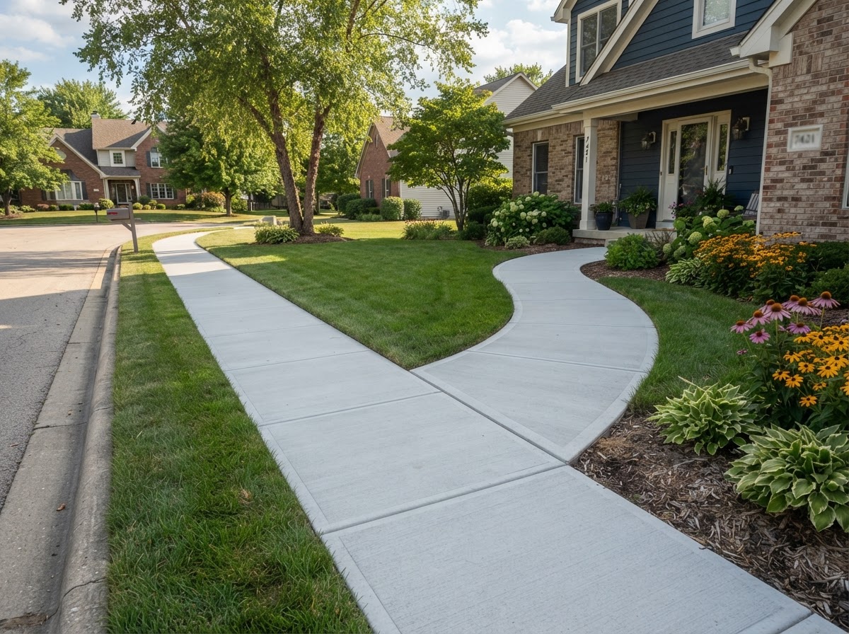 Broom-finish concrete sidewalk and walkway installation