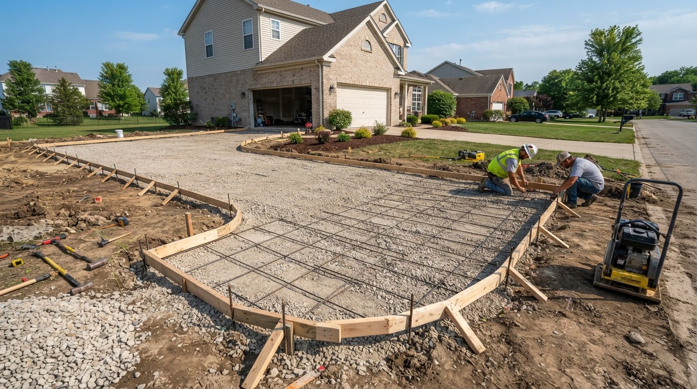 Concrete base preparation with forms at a Dyer residential site