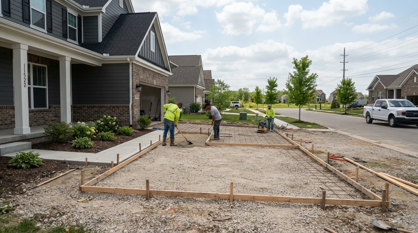 Concrete driveway installation in a newer Crown Point style neighborhood