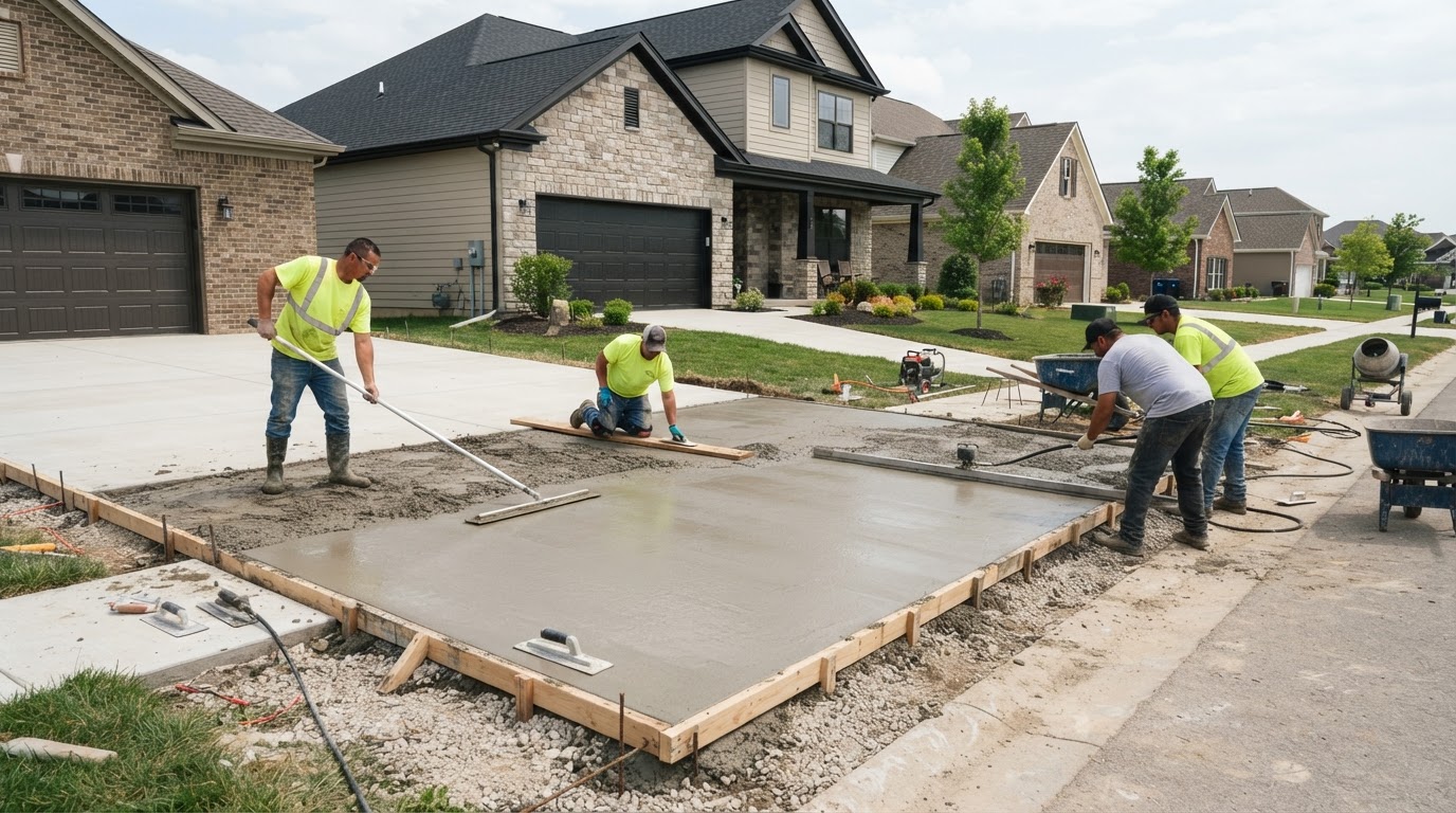 Concrete driveway installation in a newer St. John style residential setting