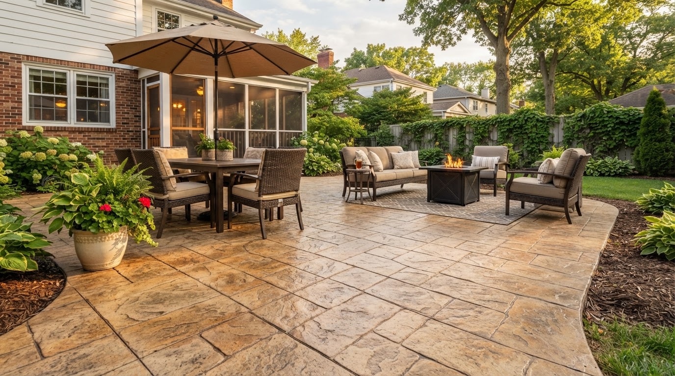 Stamped decorative concrete patio in a residential setting