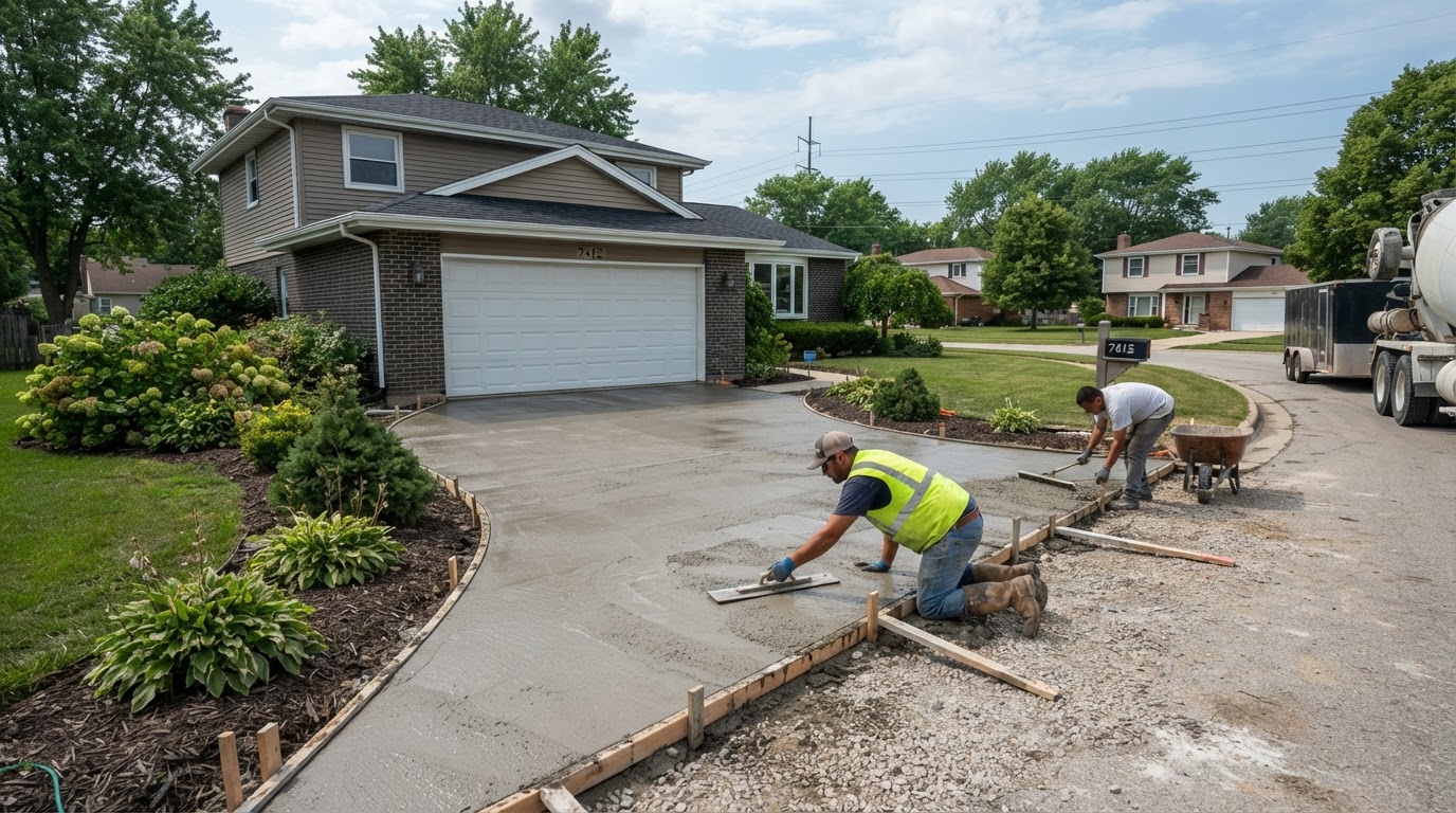 Concrete driveway installation in a Merrillville residential setting