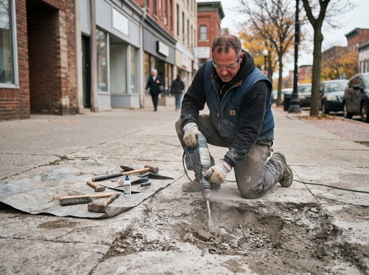 Concrete repair preparation on a spalled Syracuse NY sidewalk section