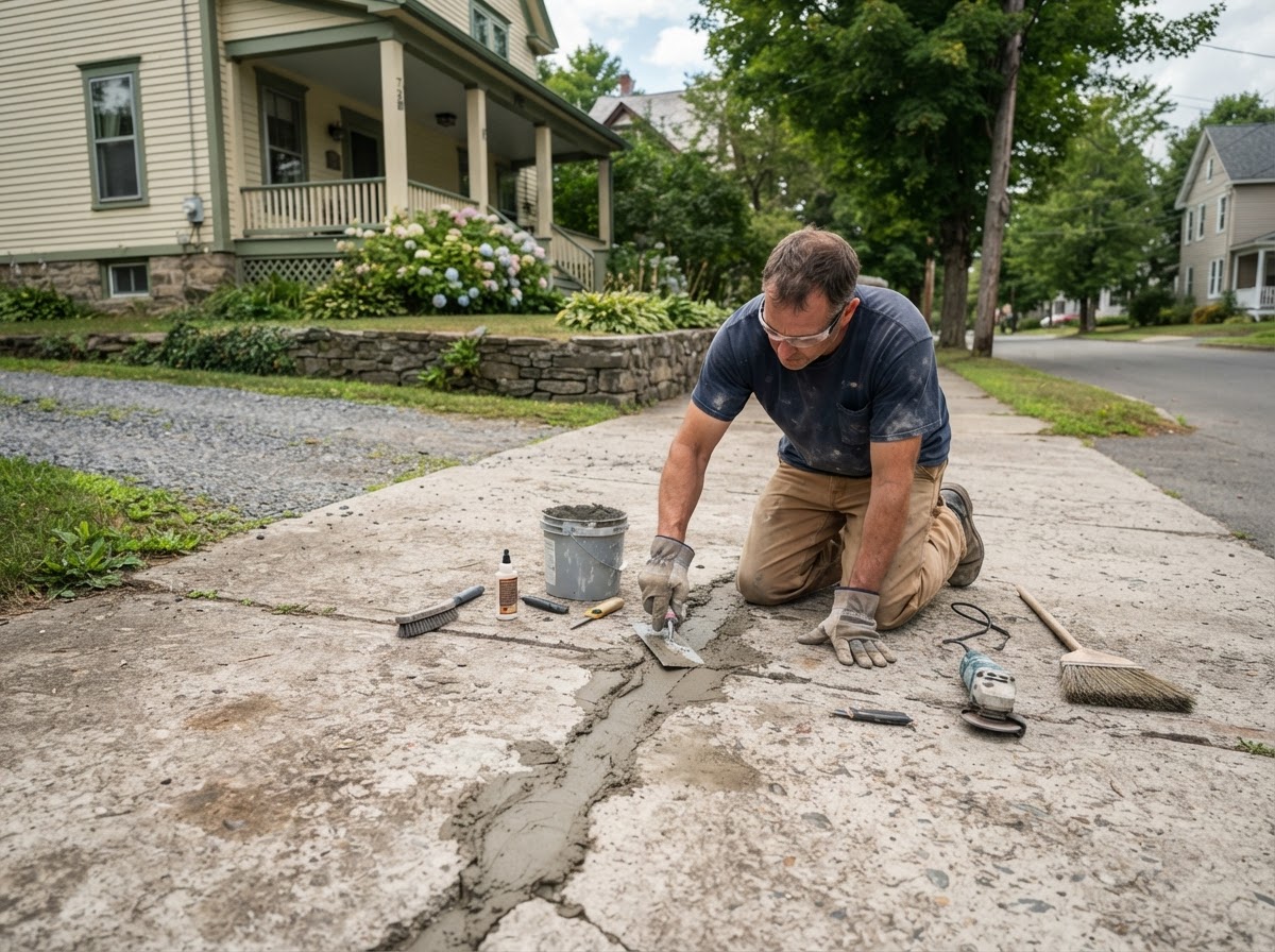 Concrete crack repair on a driveway slab in Liverpool NY