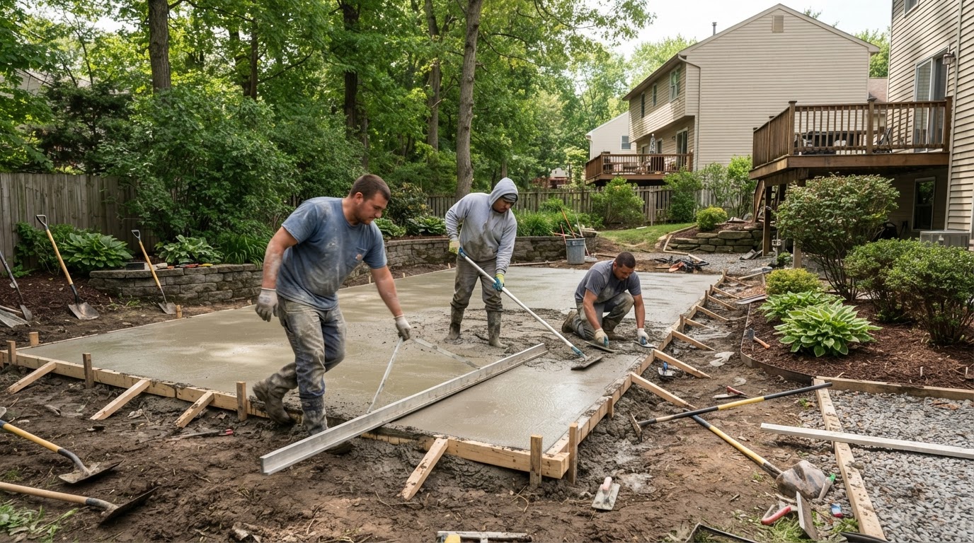 Concrete patio installation contractor placing a backyard patio in Camillus NY