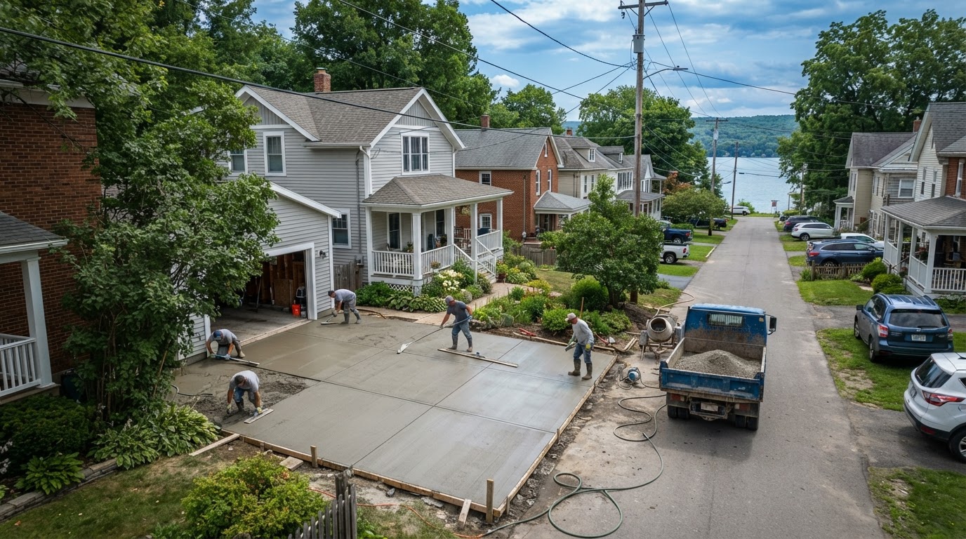 Concrete contractor placing a residential driveway in compact Liverpool NY