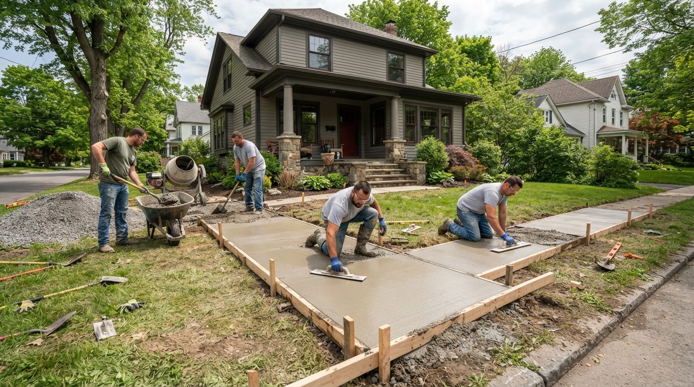 Concrete sidewalk and walkway contractor placing a walk in Camillus NY