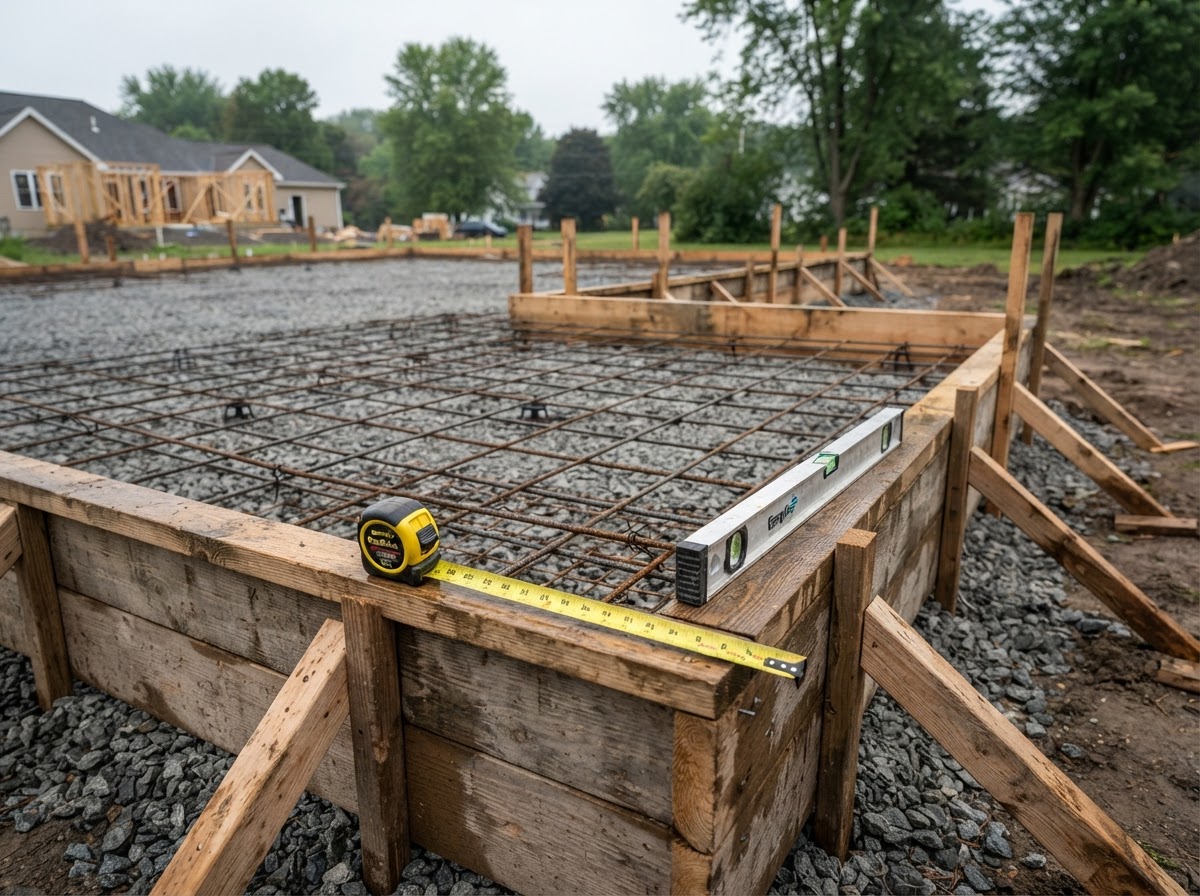 Concrete formwork and base preparation for a residential project