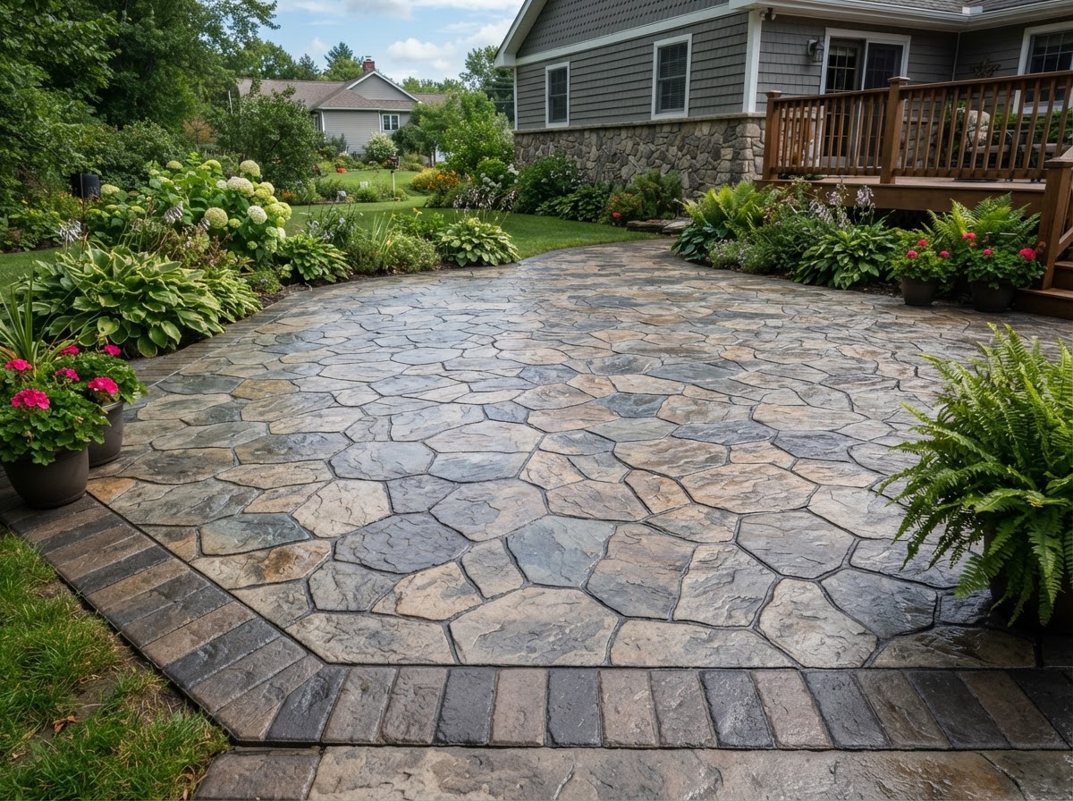 Stamped concrete patio with decorative stone texture in Camillus NY