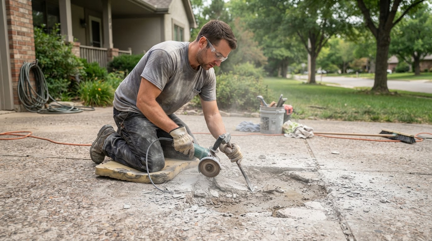 Concrete repair contractor preparing a spalled slab in Camillus NY
