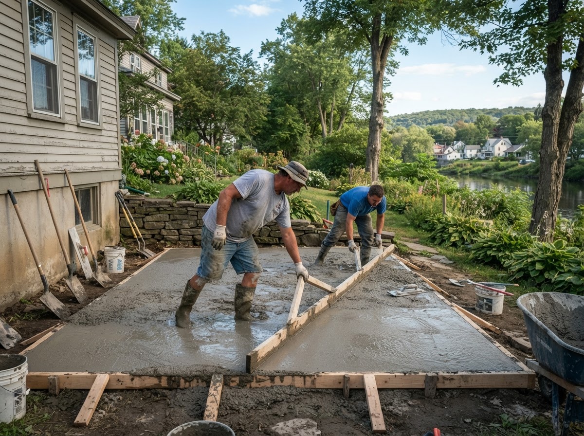 Concrete patio being screeded and finished in a Baldwinsville NY river village yard