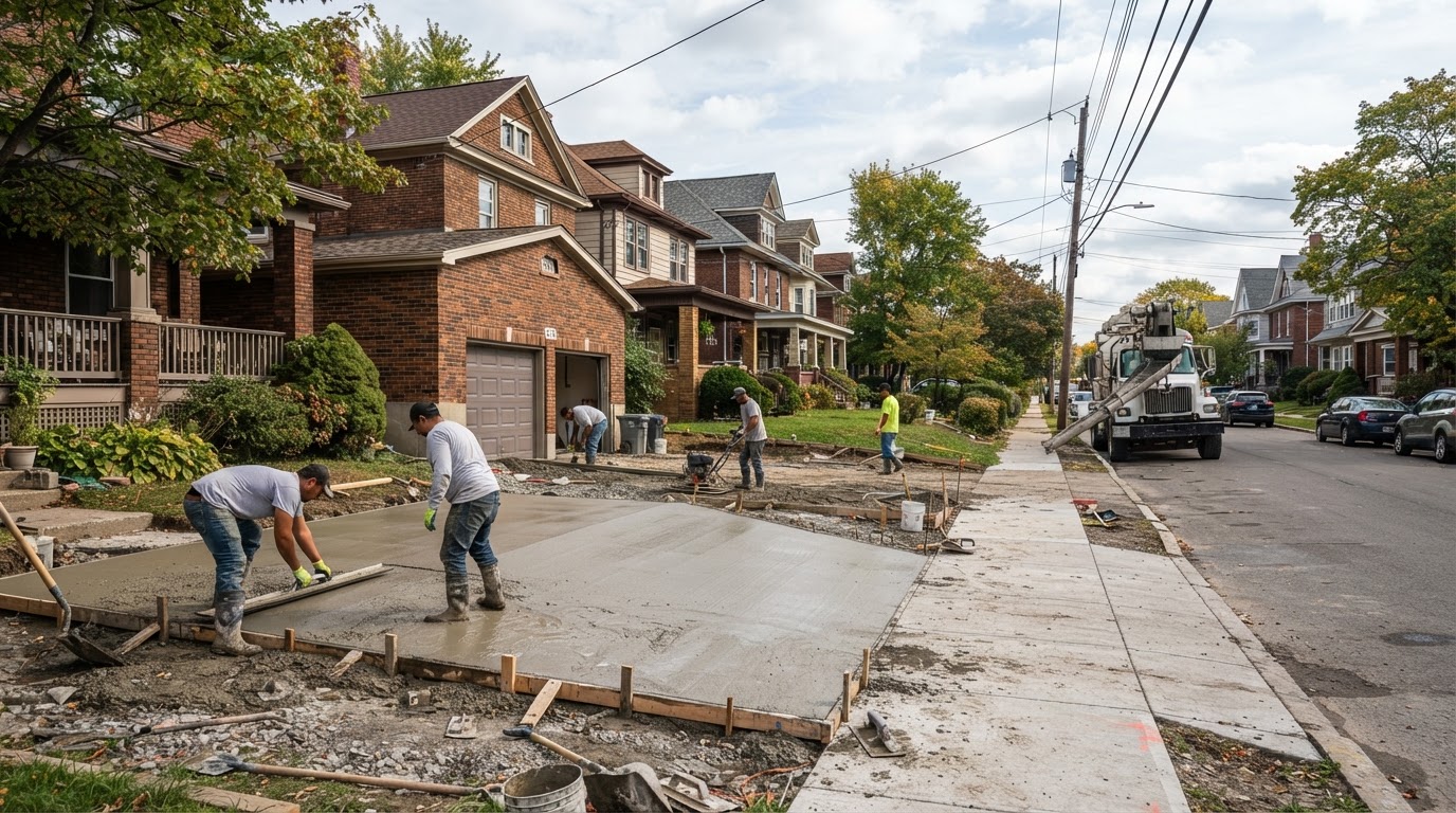 Urban residential concrete driveway placement in Syracuse NY city neighborhood