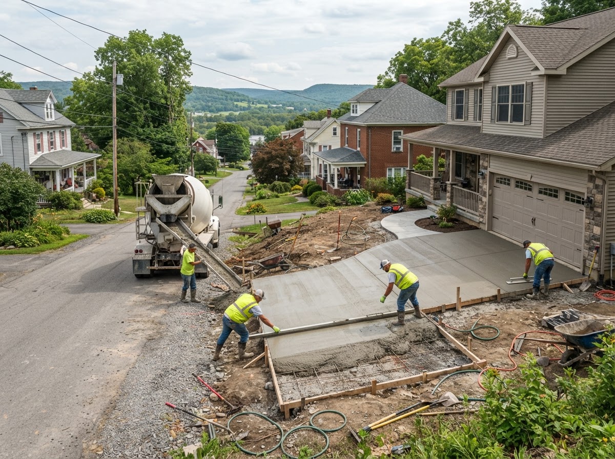 Concrete driveway and slab being placed in a Baldwinsville NY river village residential setting