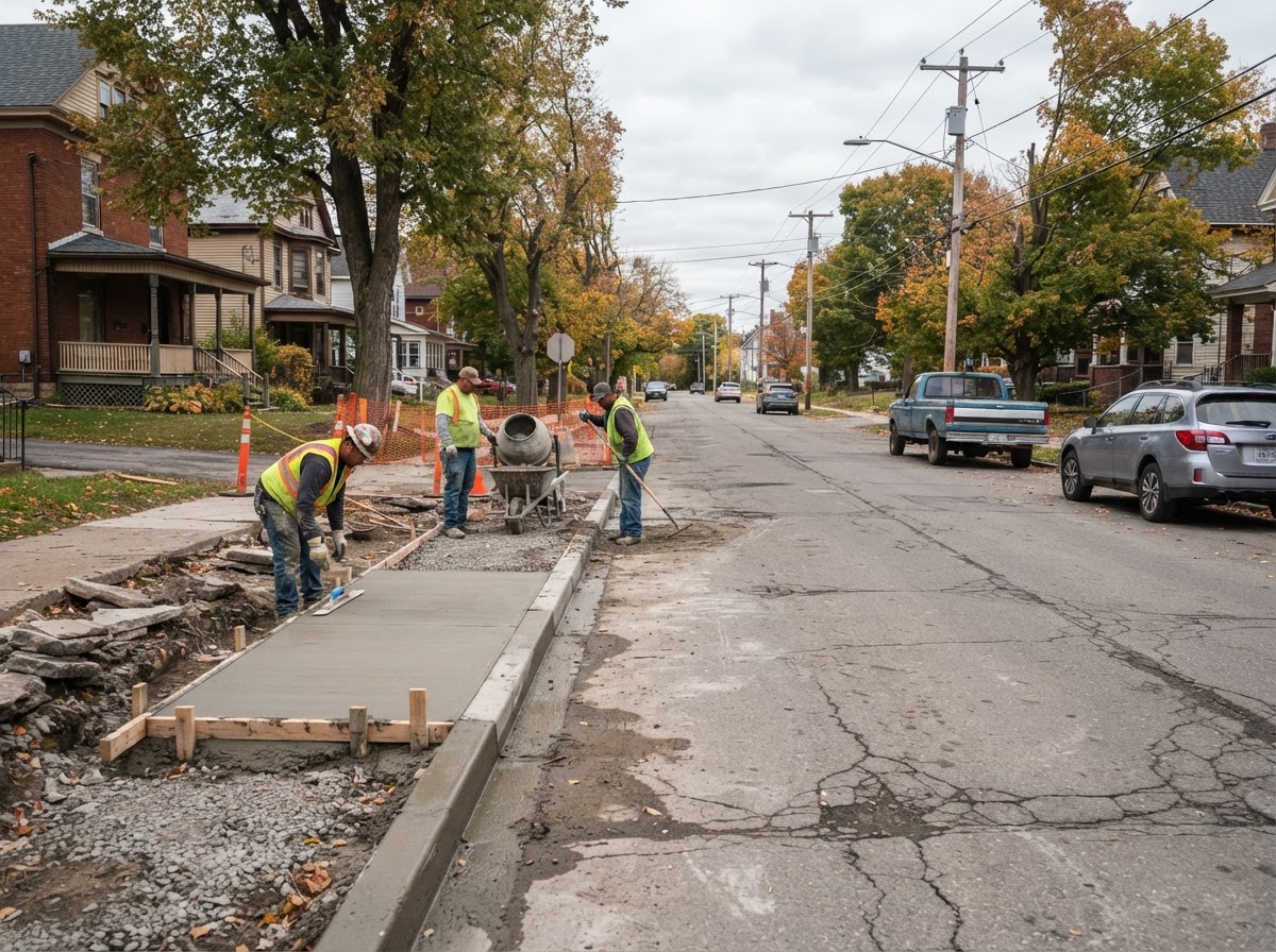 Concrete sidewalk replacement along a Syracuse NY city street with curb interface