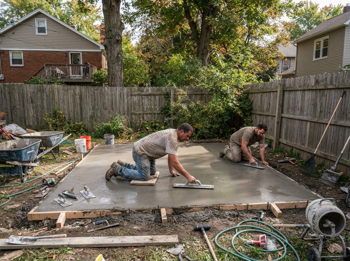Concrete patio being finished in a compact Liverpool NY village yard
