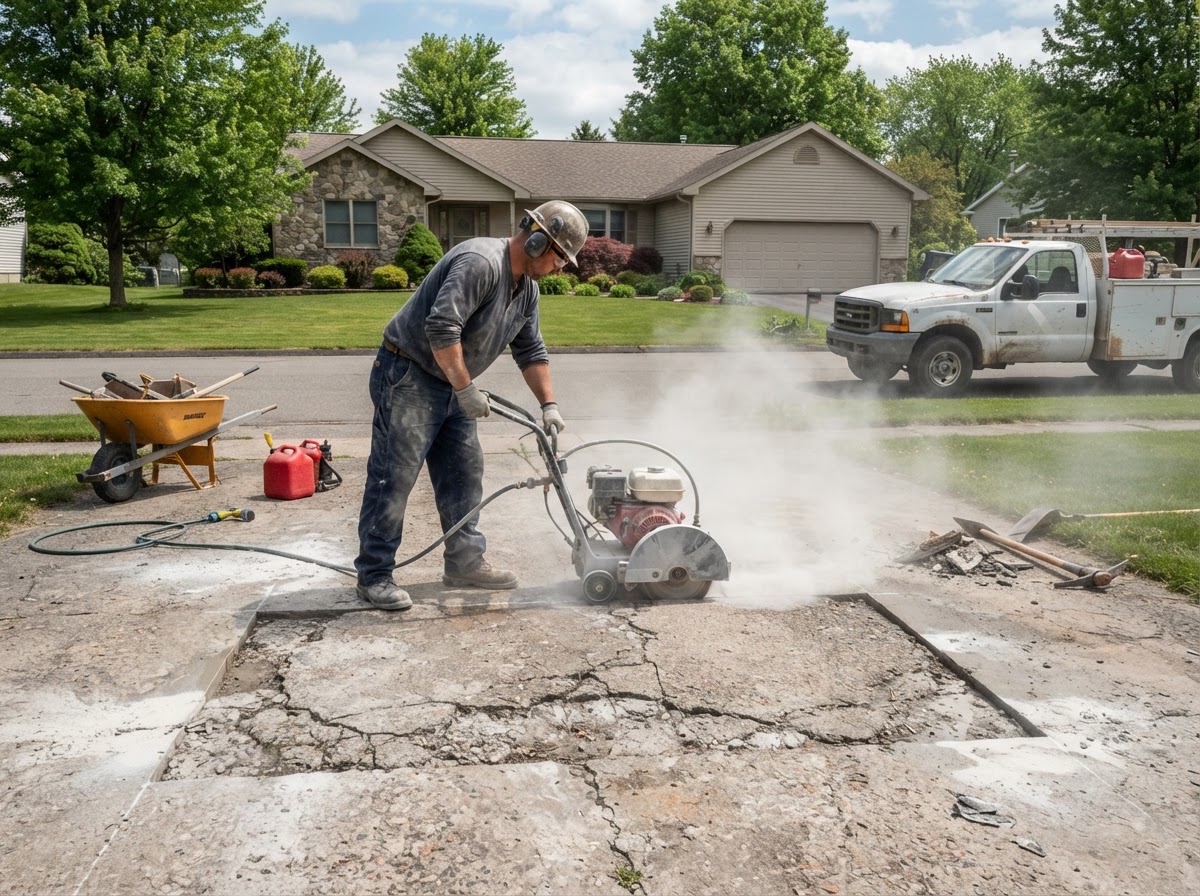 Saw-cut repair boundary in a concrete driveway in Camillus NY