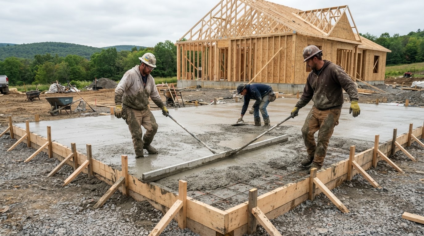 Concrete slab being screeded inside formwork in Camillus NY
