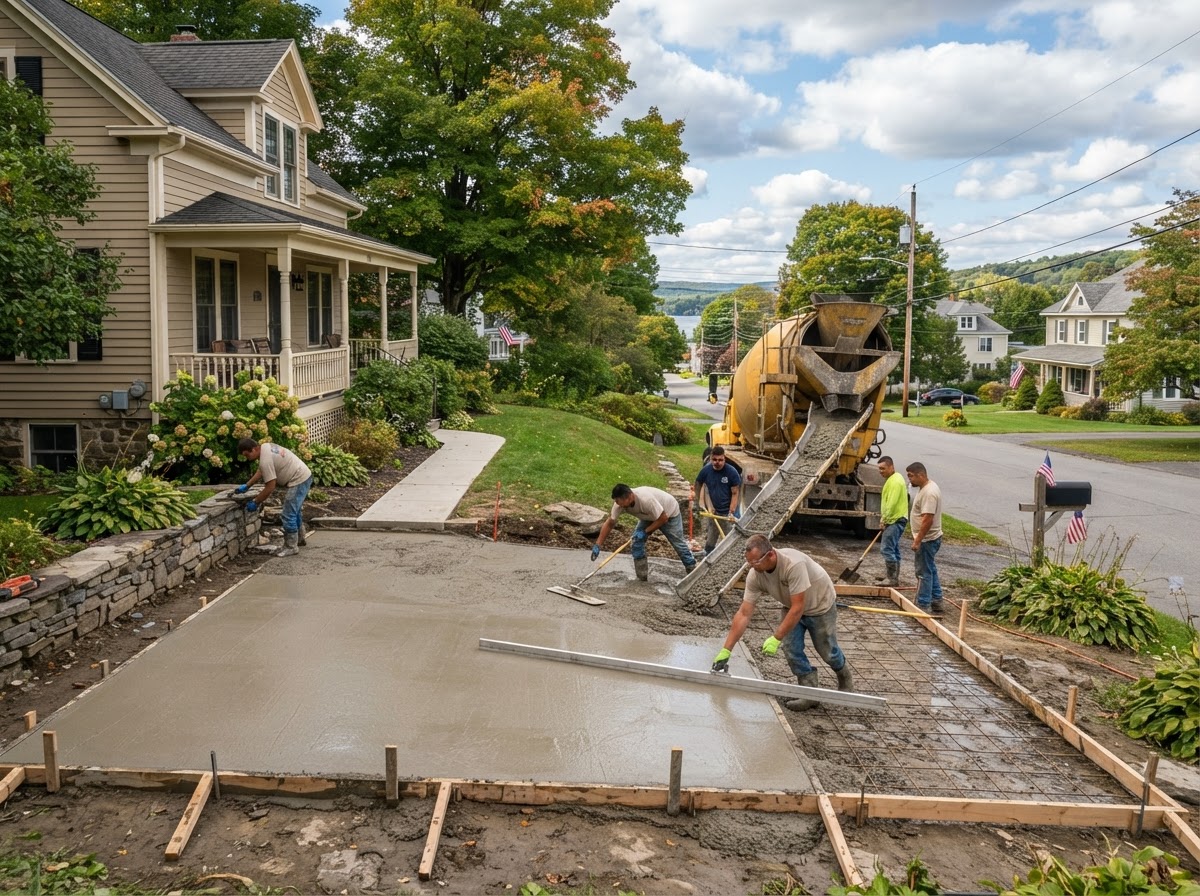 Concrete driveway being placed in a Skaneateles NY Finger Lakes village residential setting