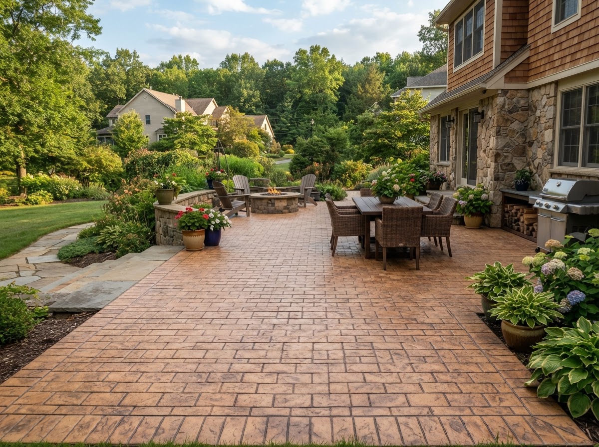 Stamped concrete decorative brick-pattern surface detail in Baldwinsville NY