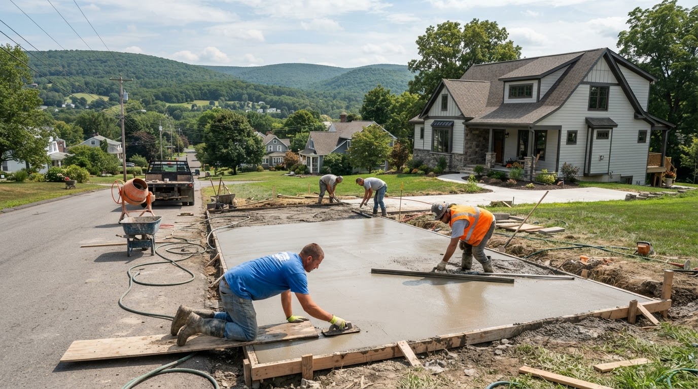Concrete contractor placing a residential driveway in Marcellus NY valley village setting