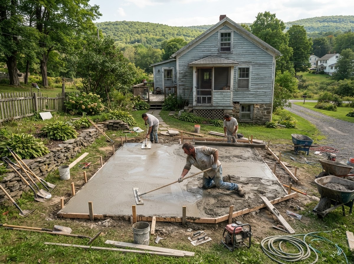 Concrete patio being placed in a compact Solvay NY village yard