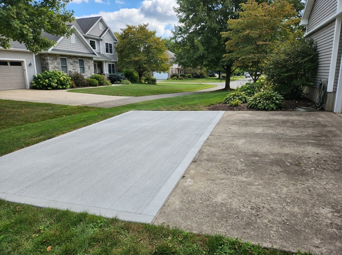 Repaired concrete driveway section with fresh broom finish in Camillus NY