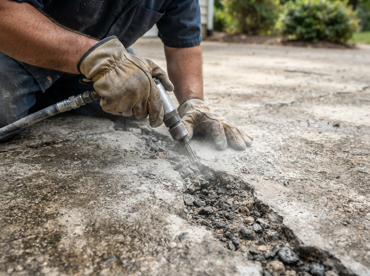 Concrete crack repair preparation on a Solvay NY driveway slab