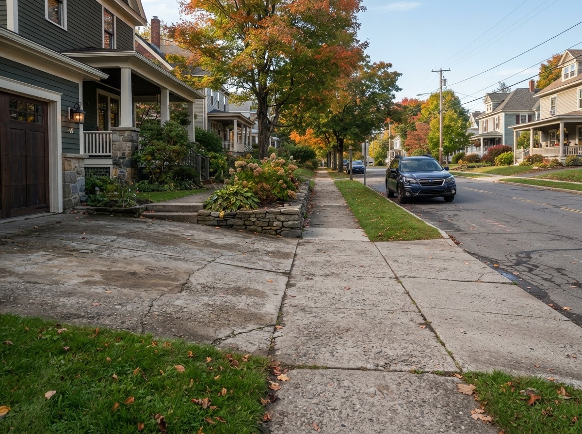 Concrete driveway and sidewalk transition in compact Solvay NY village setting