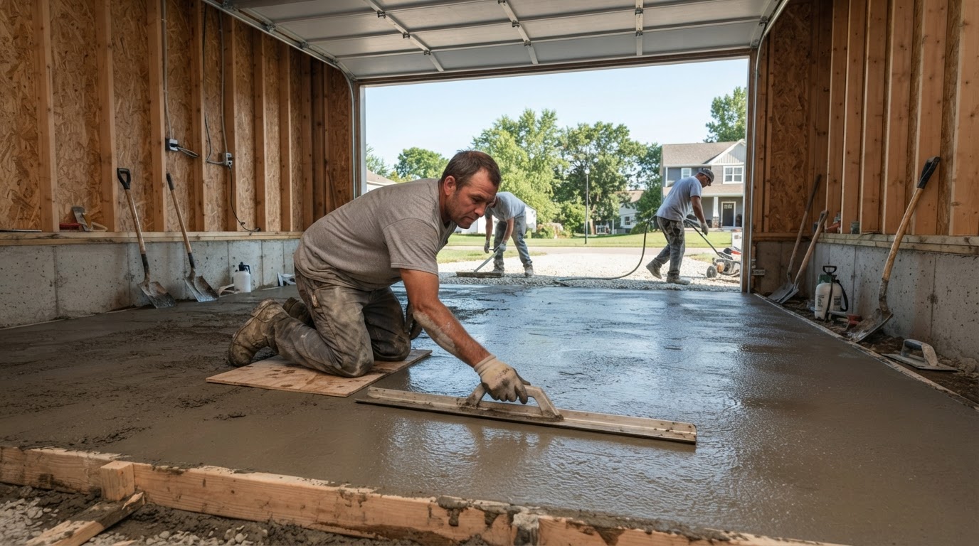 Concrete garage slab being finished in Camillus NY