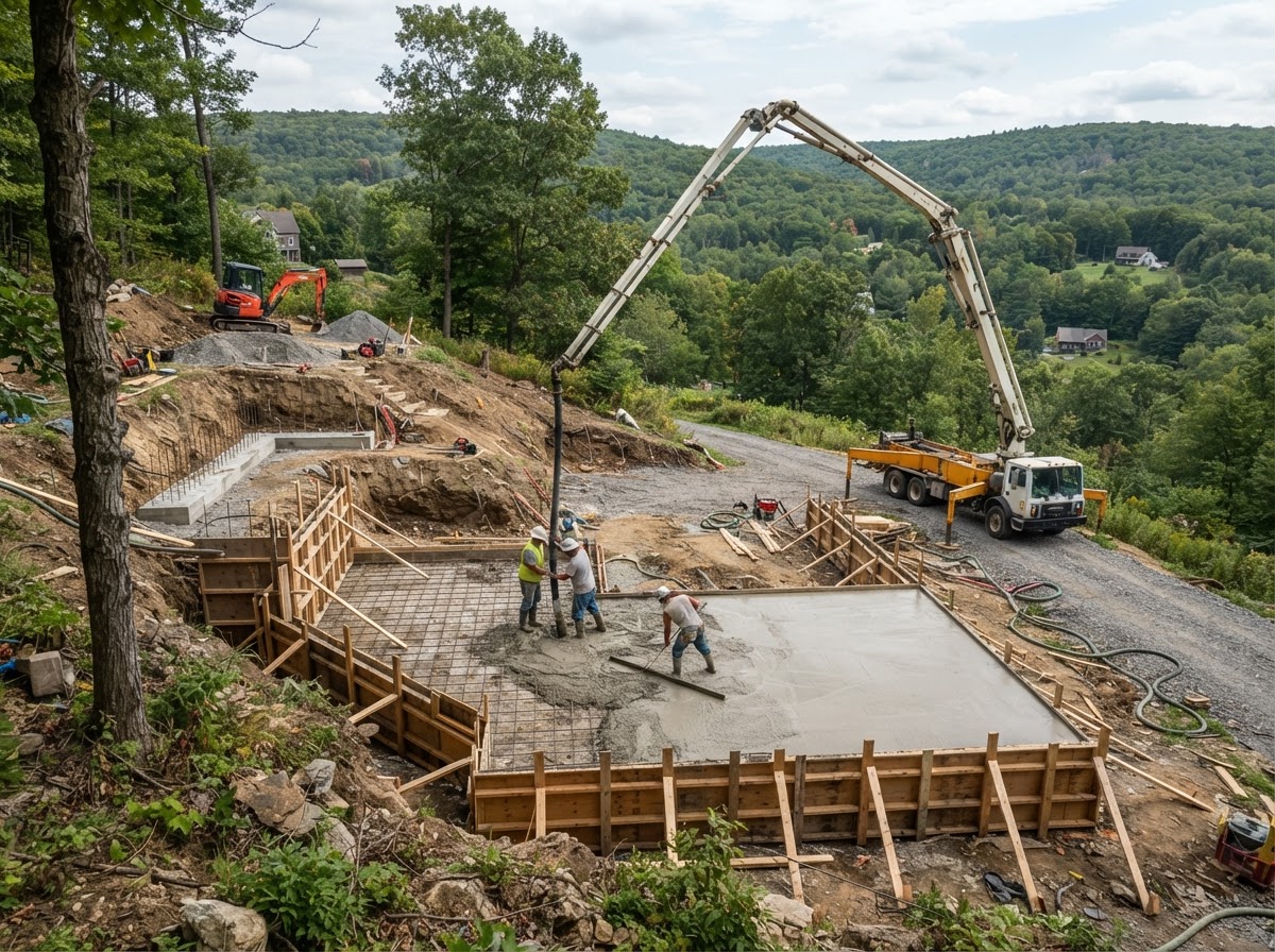 Concrete slab and formwork on a sloped hillside Marcellus NY property with grading visible