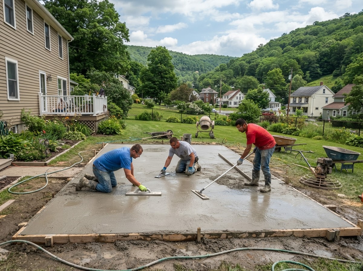 Concrete patio being finished in a Marcellus NY valley village residential yard