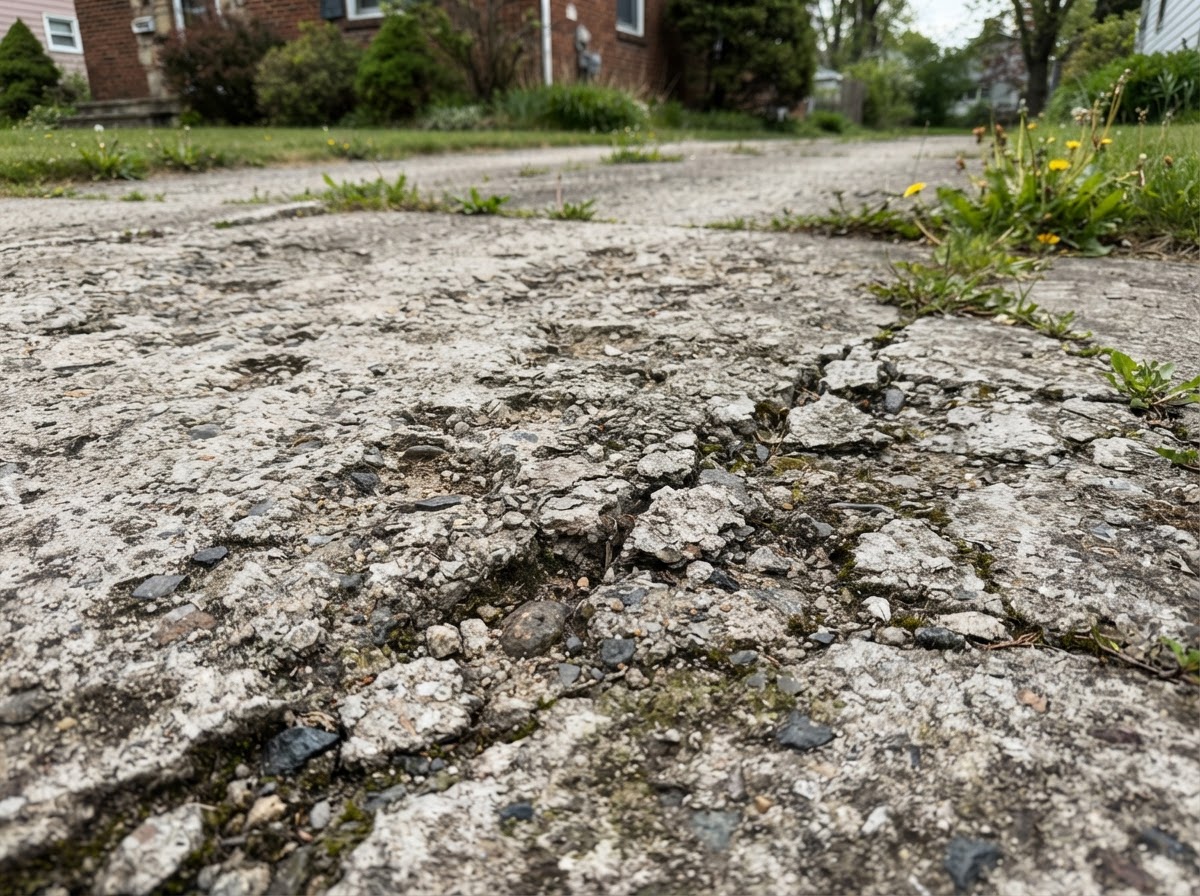 Deteriorated concrete driveway surface with spalling and cracks in Camillus NY