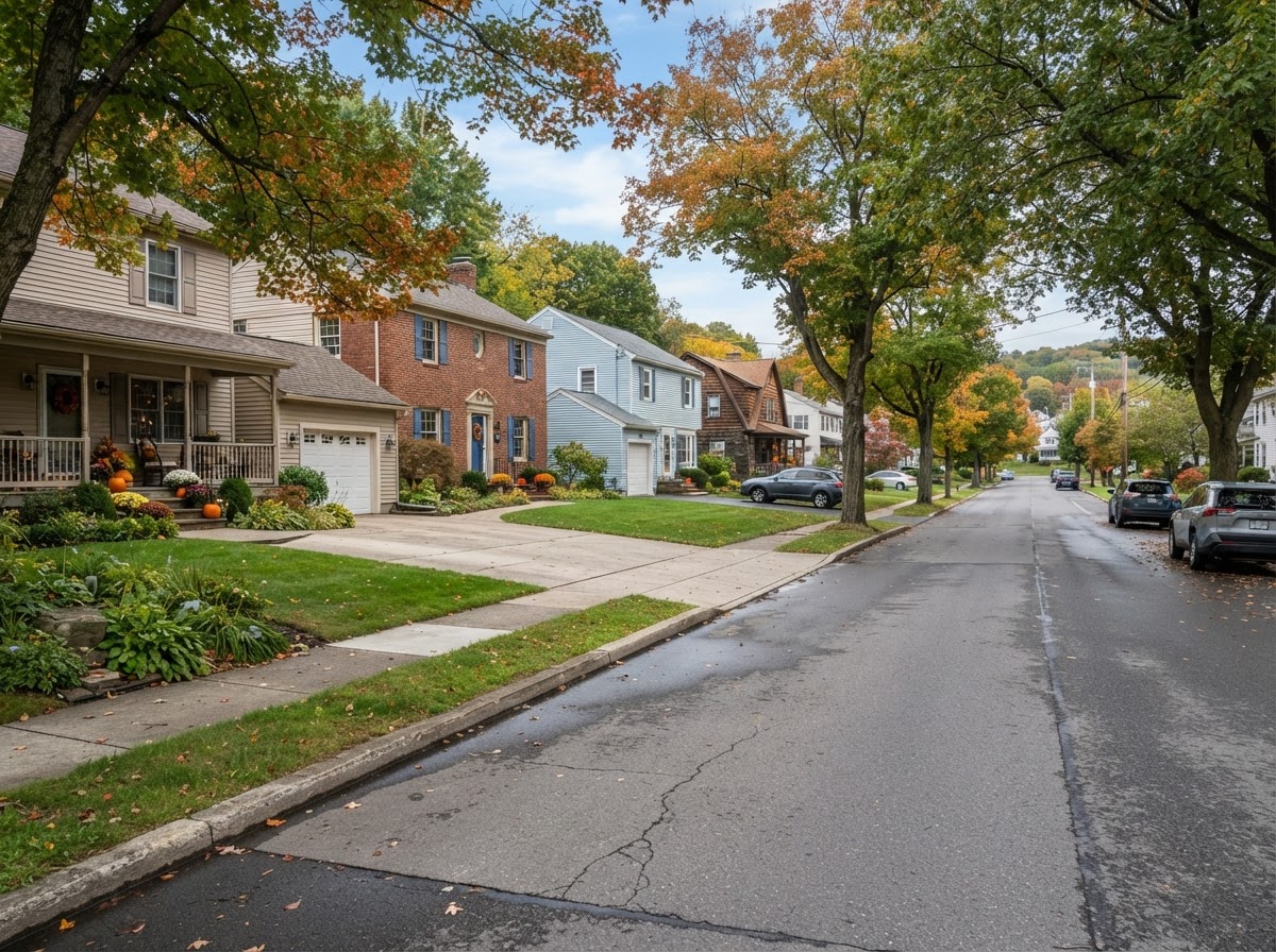 Central New York regional residential streetscape with concrete driveways and walkways