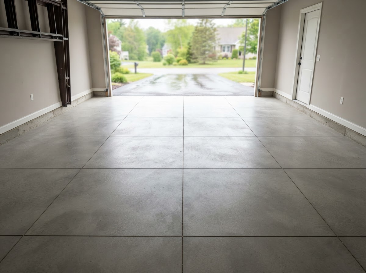 Finished concrete garage slab with control joints in Camillus NY
