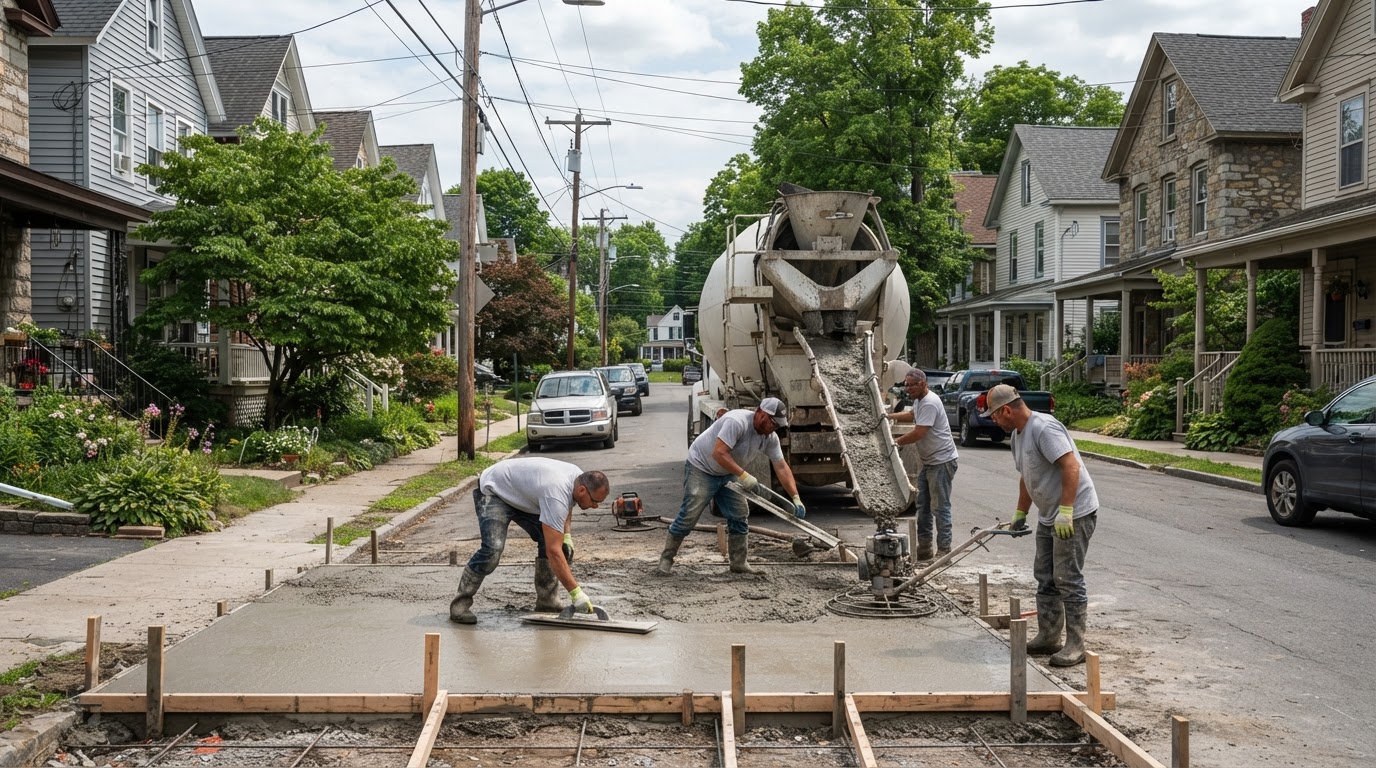 Concrete contractor placing residential concrete in compact Solvay NY village setting