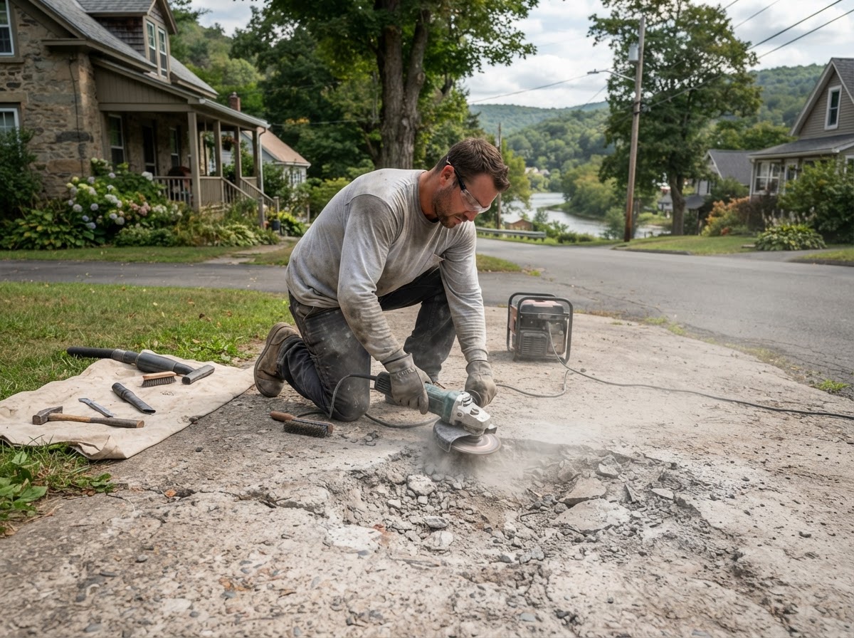 Concrete repair preparation on a spalled Baldwinsville NY driveway section
