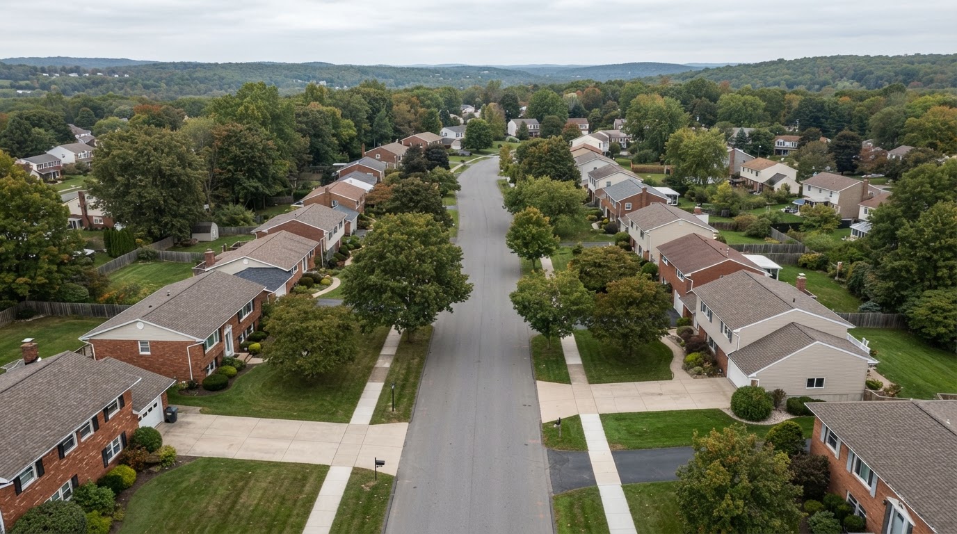 Central New York residential streetscape with concrete driveways and sidewalks