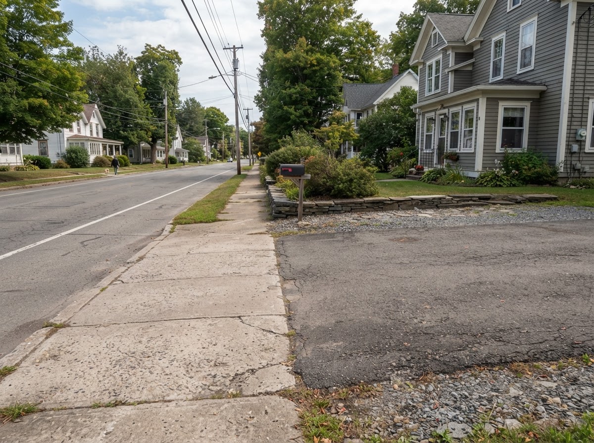 Concrete sidewalk and driveway transition in compact Liverpool NY