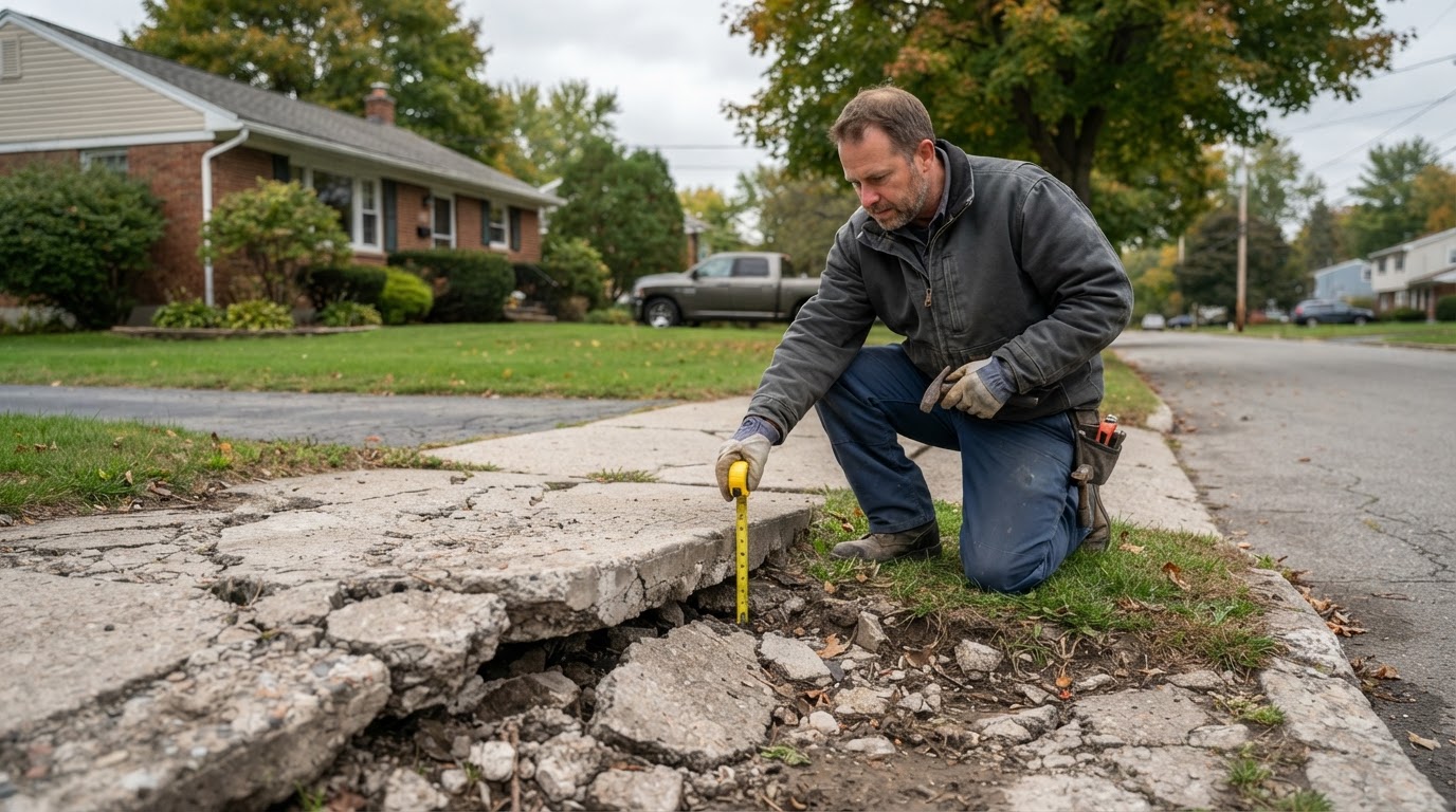 Deteriorated concrete sidewalk with raised uneven slab edge in Camillus NY