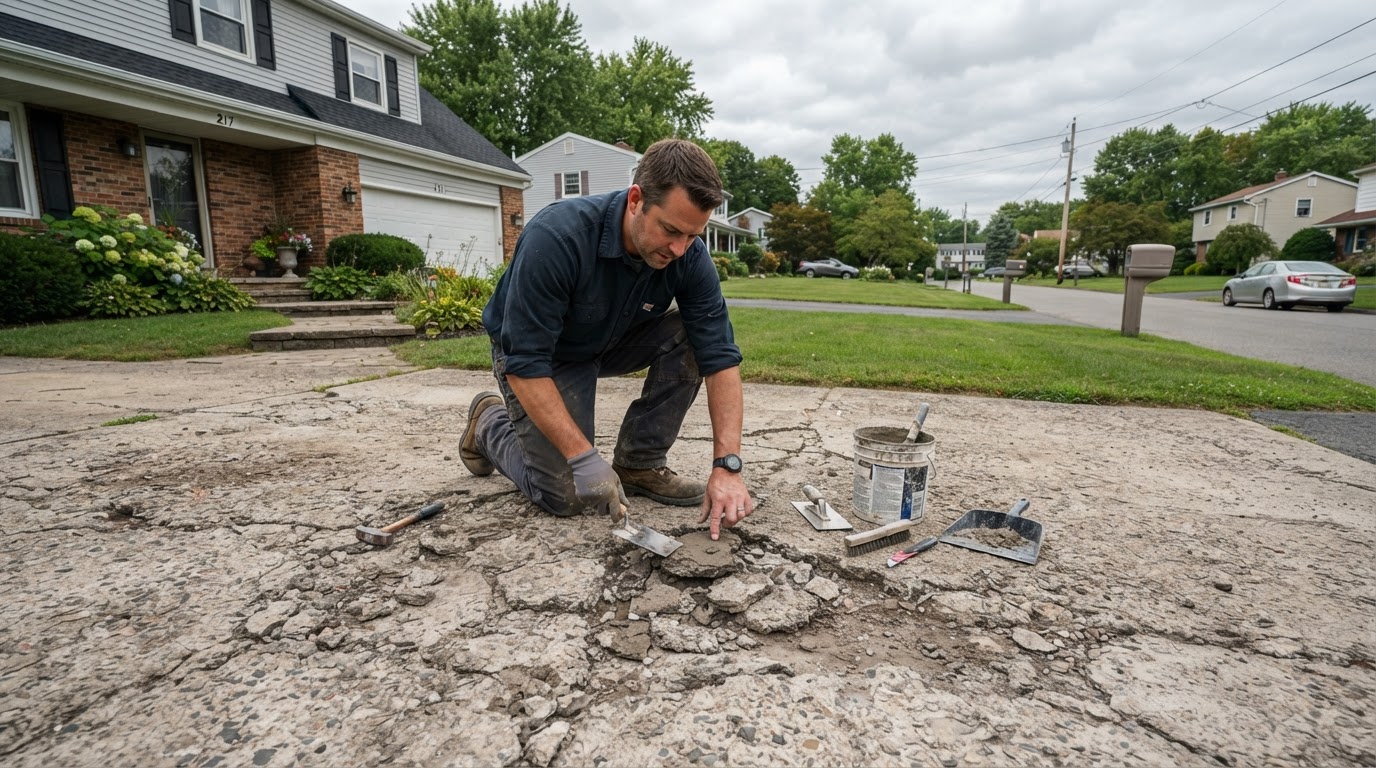 Concrete driveway repair contractor evaluating a damaged driveway in Camillus NY