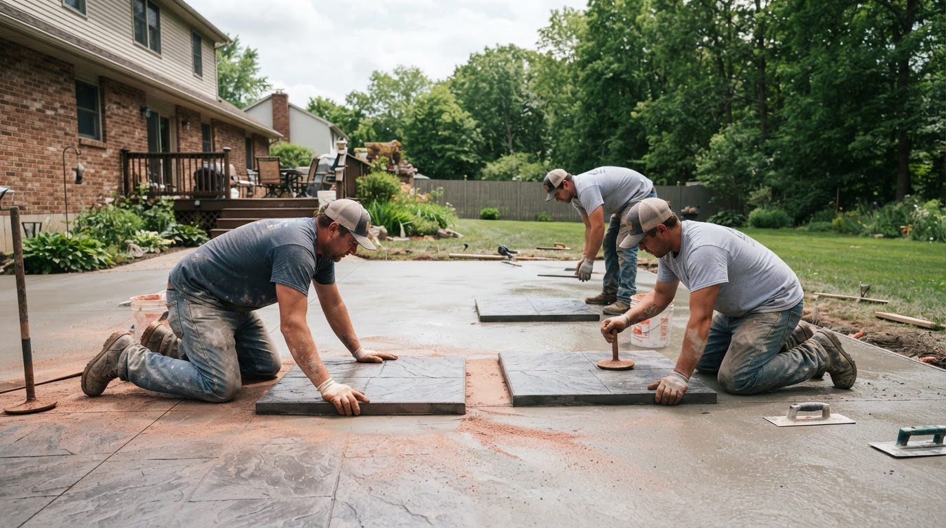 Stamped concrete being pressed with stamp mats in Camillus NY