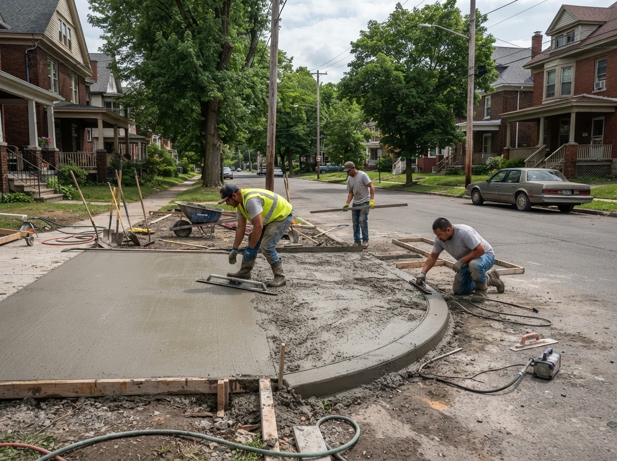 Concrete driveway and curb transition being placed in Syracuse NY urban setting
