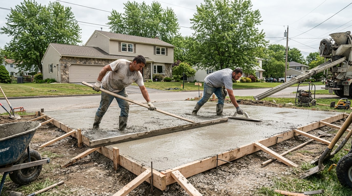 Concrete contractor finishing a residential concrete slab in Camillus NY