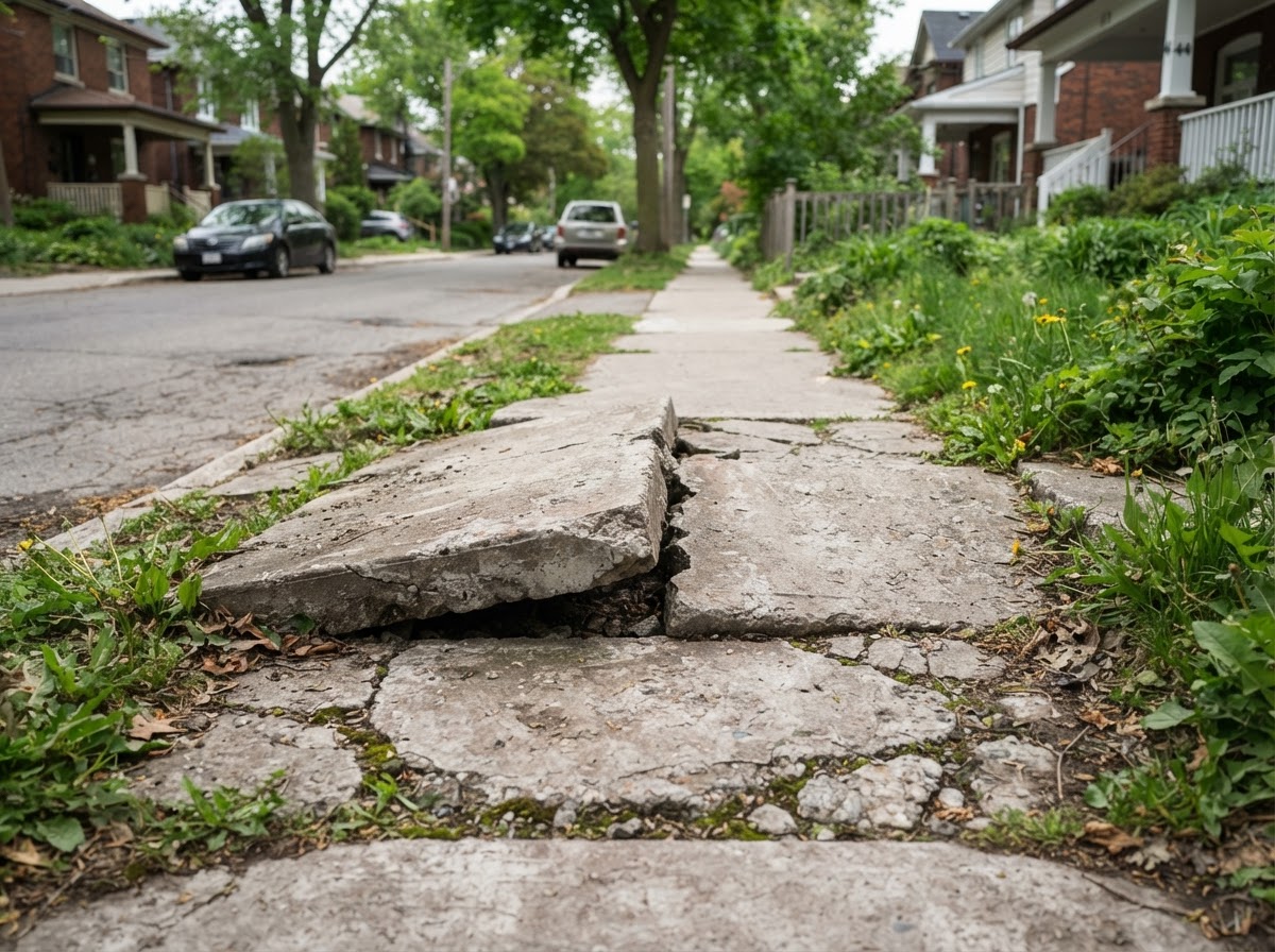 Concrete sidewalk repair contractor evaluating a damaged walkway in Camillus NY