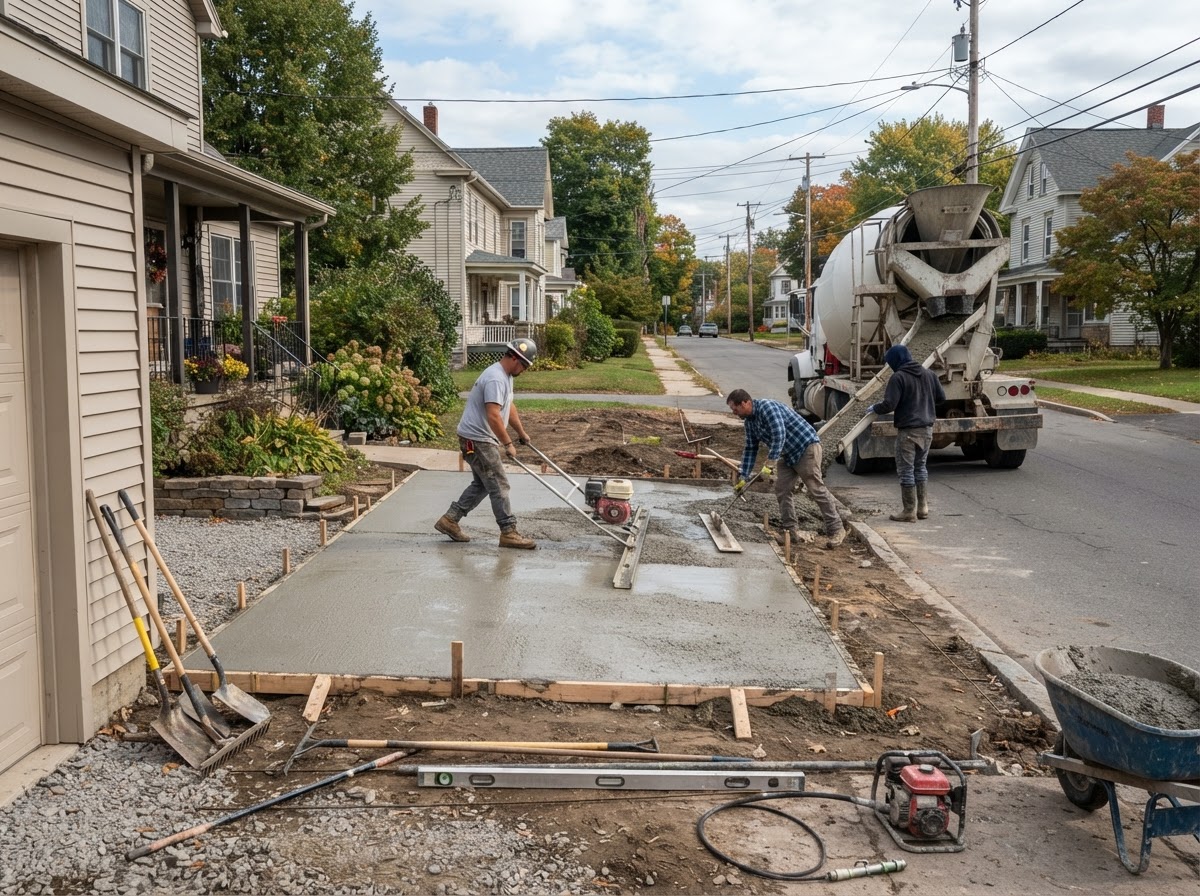 Concrete driveway being placed in compact Liverpool NY