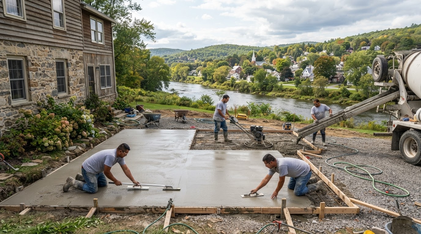Concrete contractor placing a residential patio in Baldwinsville NY river village setting