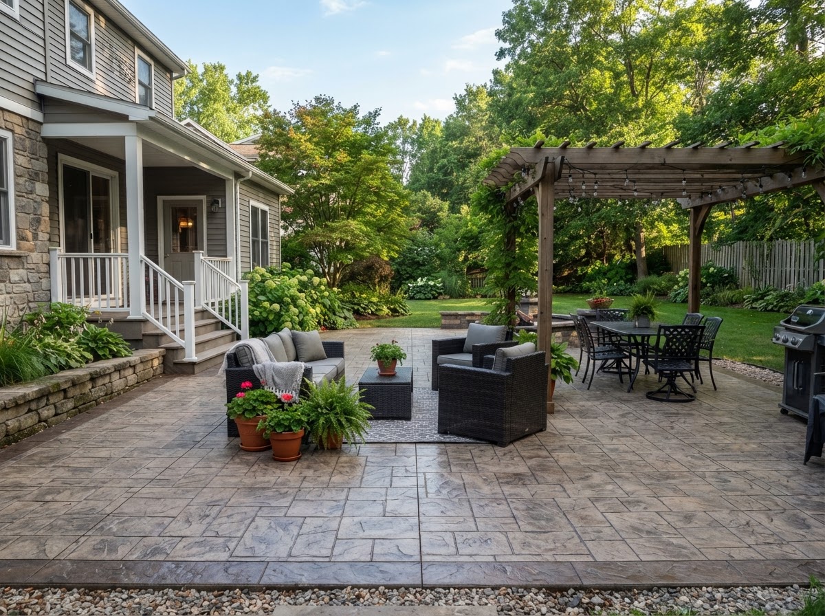 Completed stamped concrete patio in Camillus NY