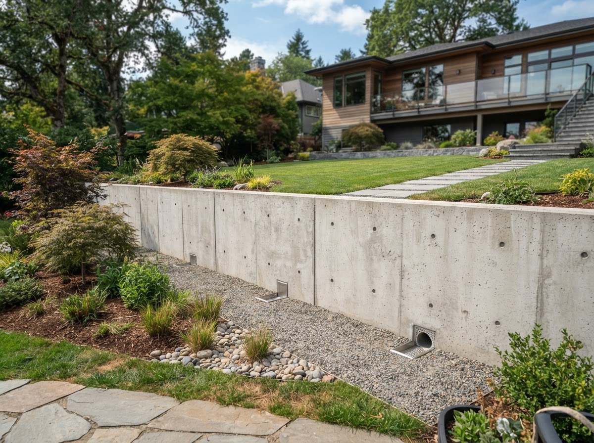 Completed poured concrete retaining wall in Camillus NY
