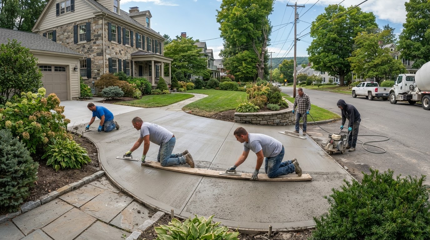 Concrete contractor placing a residential driveway in Skaneateles NY Finger Lakes village setting