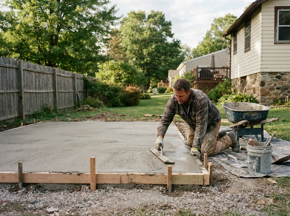 Small concrete shed pad being finished in Camillus NY